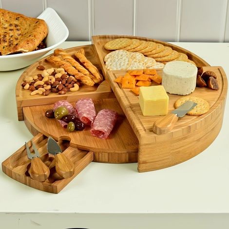 Plateau à Fromage Rond en Bambou avec Couteau à Fromage, Plateau de Service Tournant en Bois à 4 Couches, Plateau en Bois Coulissant pour Charcuterie, Amuse-Bouches et Planche Apéro. (1/4)