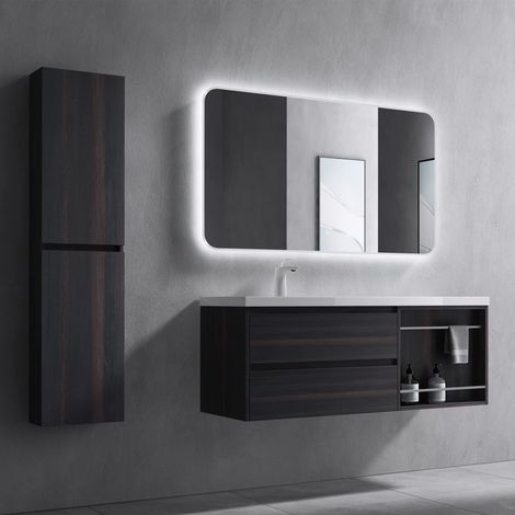 doporro Mobile Bagno sospeso 120x46x49cm, Mobiletto per Bagno con Lavabo Include Specchio LED, Vulcano Grigio, Seria Open