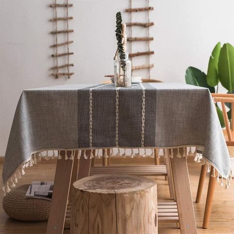 Tischdecke aus Baumwoll-Leinen – Rechteckige Tischdecke mit Stickerei und Fransen für Küche, Esszimmer, Partys, Innen- und Außenbereich, 1 Stück (1/5)