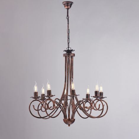 Alma Lustre En Fer Laqué Noir Décor Cuivre Antique 8 Lumières 128 D.67 Bl130-8-Nr