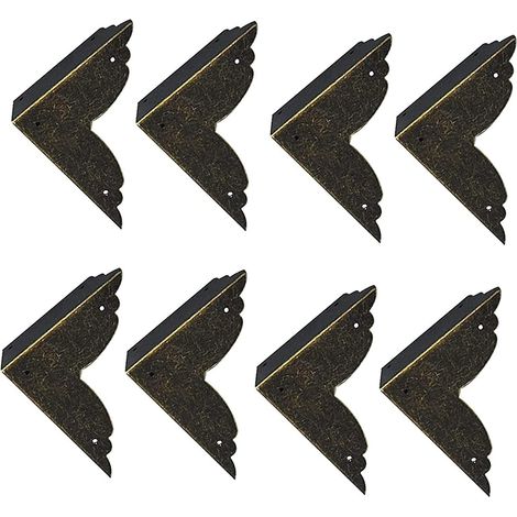 Lot de 8 protections d'angle décoratives vintage en fer, protège-coins métalliques pour meubles, armoires et boîtes en bois, couleur bronze. (1/5)