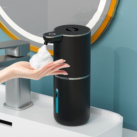 Dispensador de jabón automático con pantalla digital, montaje en pared sin contacto, eléctrico, 380 ml, con sensor, recargable por USB, para baño y cocina, negro
