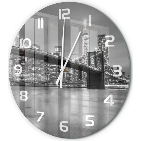 Horloge Murale Ronde pour Cuisine Verre Trempé Silencieuse Décoration Moderne New York la nuit fi 60 cm (1/5)