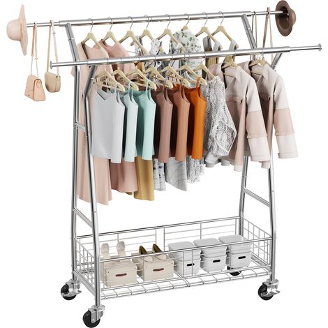 Portant à vêtements avec roulettes, porte-manteau roulant avec 2 barres de suspension et panier de rangement, charge de 150 kg, tringle extensible en acier carbone pour chambre, buanderie, salon (1/5)