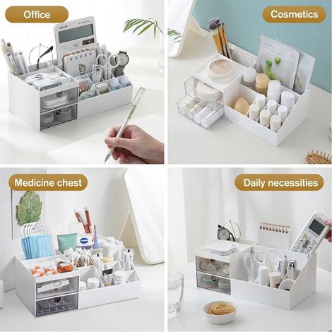 DASITON Organisateur de maquillage avec 3 tiroirs, grand organiseur de pinceaux, miroir, pour coiffeuse et salle de bain (transparent/crème