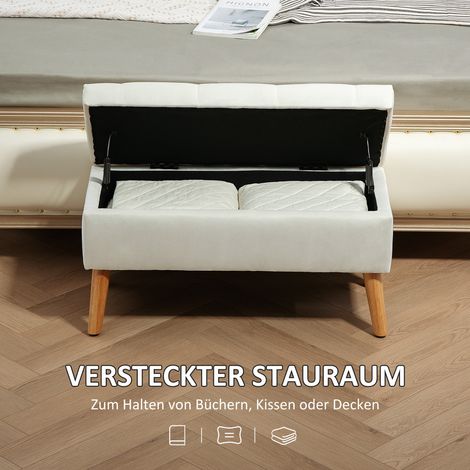 Banquette capitonnée avec coffre de rangement, revêtement velours tissu, pieds bois, pour séjour, chambre, entrée, 80 x 35 x 42 cm, blanc