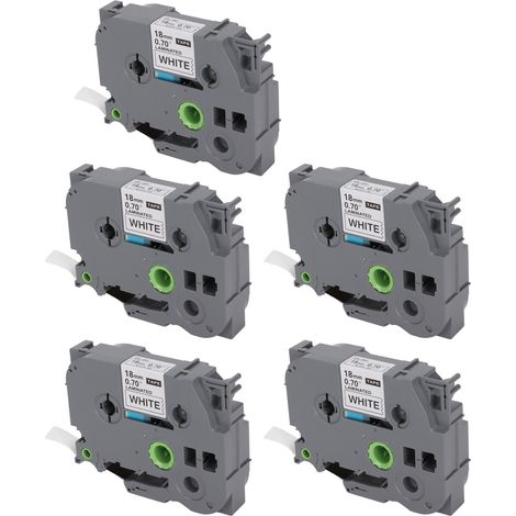 Recharges de ruban pour étiqueteuse, 18 mm de largeur, 8 m de longueur, noir sur blanc, compatibles avec les modèles TZe 141, TZe 241, TZe 541 et TZe 641. Boîte de 5 rouleaux blancs.