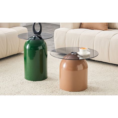 Set de 2 tables basses Ø40x50 / Ø50x38 cm vert foncé et café clair en métal avec verre trempé gigogne (1/5)