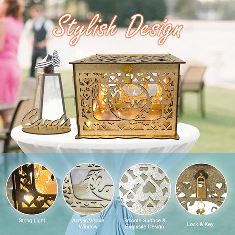 Hochzeitskartenbox für den Hochzeitsempfang, glitzernde Holzkartenboxen mit Kartenschild/Schloss und Lichterkette, Geschenkkartenbox, Geldhalter für Empfang, Jubiläum, Babyparty, rustikale Hochzeitsde (1/2)