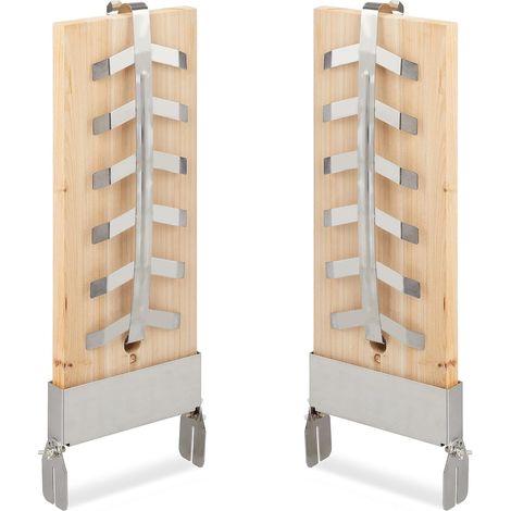 Lot de 2 Planches à saumon, Bois de sapin, Support acier, Hauteur réglable, Pour grillades (1/5)