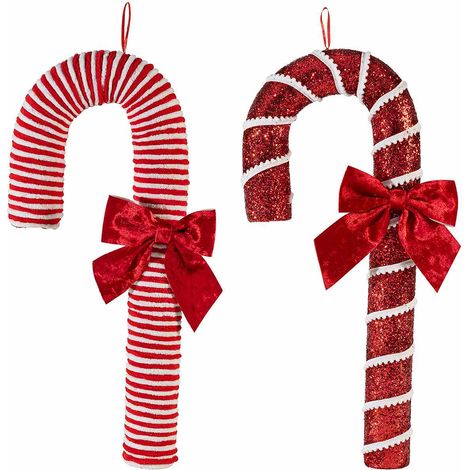 Decorazioni natalizie a bastoncino di zucchero da appoggiare con fiocco, set da 2 pezzi, cm 25 x 7 x 53 H