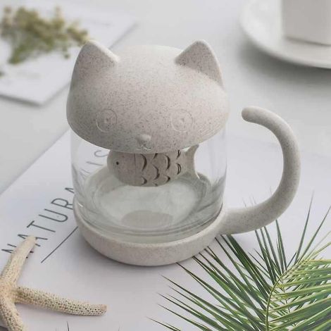 Zitronengelbe Teetasse aus Glas mit einer niedlichen Cartoon-Katze, Valley Fiber Creative Filter Cup (1/4)