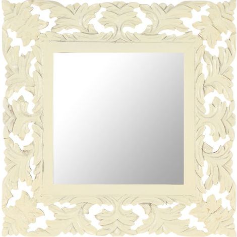 Miroir sculpté à la main Style baroque - Miroir décor Blanc 50x50 cm Bois de manguier massif BV930726 - BonneVie (1/5)