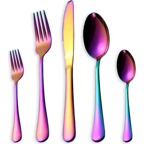 MINKUROW Juego De Cubiertos Coloridos, Cuchillos De Acero Inoxidable De 30 Piezas, Tenedores, Cucharas Para 6 Personas (Arco Iris, 6 Juegos) (1/5)