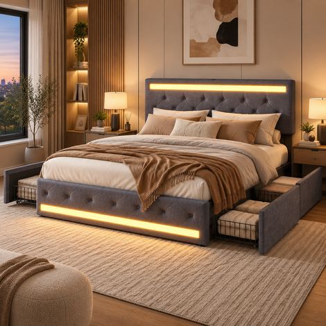 Lit Double 140x200 avec LED et USB, Lit Adulte avec 4 Tiroirs, Cadre Métal et Sommier à lattes, Lin Gris (1/5)