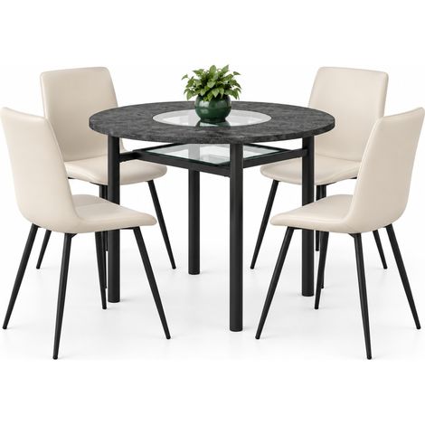 ELVMI Set Tavolo e Sedie con 1 Tavolo Rotondo e 4 Sedie, Ripiano in Vetro, MDF, Metallo e PU, Grigio Caldo e Nero (1/5)