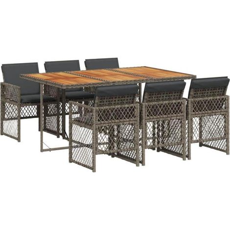 Essgruppe 7tlg Tisch 6 Stühle Poly Rattan Terrasse Holz Grau (1/5)