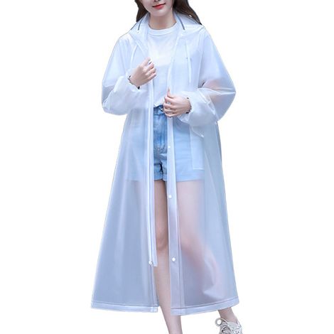 Poncho pluie adulte imperméable réutilisable, EVA transparent avec capuche à cordon, zip, gants inclus, imperméable blanc clair, taille unique. (1/5)