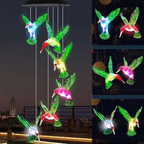 Lot de 2 carillons éoliens solaires en forme de colibri, à couleurs changeantes, pour l\'extérieur, décoration de jardin ou de cour (1/4)