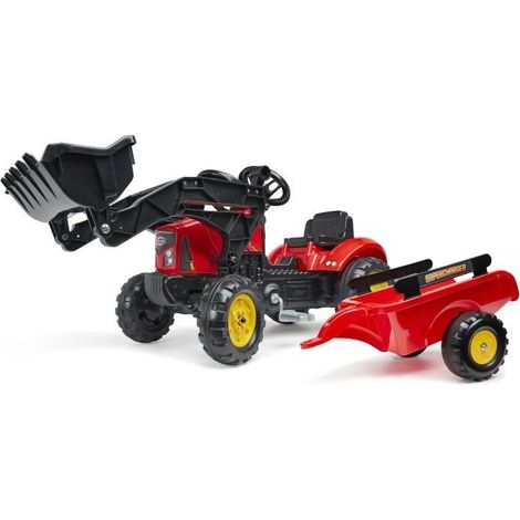 Tracteur a pedales Supercharger rouge avec capot ouvrant et remorque (1/2)