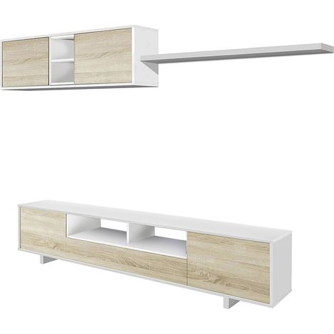 Dmora Einbaufertige Wand Hartford, TV-Ständer für Wohnzimmer, Zusammensetzung des Wohnzimmersets, Wohnzimmergarnitur mit Schrankwand, cm 260x41h46, Glänzend weiß und Eiche (1/5)