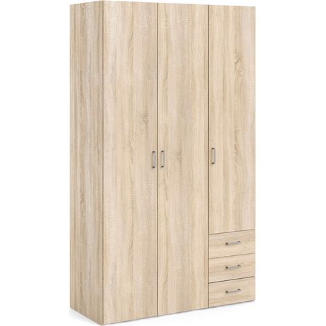 Armadio Con 3 Ante E 3 Cassetti Multiuso Per Abiti Indumenti Design Moderno Capiente Vano Appendiabiti Ripiani Interni Per Camera Da Letto Lavanderia 115.8 x 49.5 x 200.4 Cm Rovere