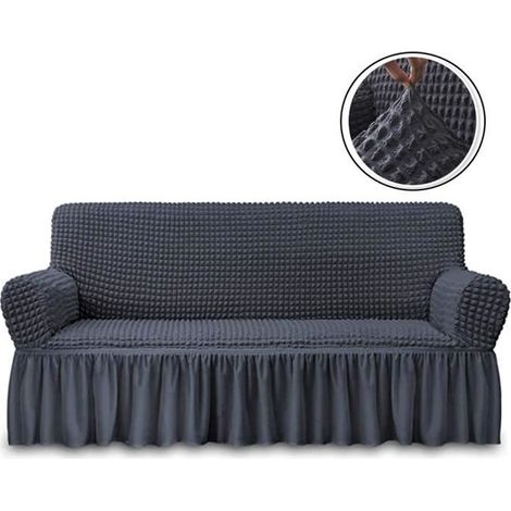 Sofabezug, 3-Sitzer-Stretchsofa mit Armlehnen, Stuhlbezug, Sofaschutz mit Volant, Wohnzimmerdeko – Dunkelgrau (1/4)