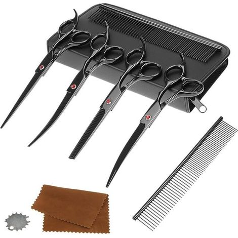 QWORK Dog Grooming Scissors Set, 7 Inch, Slimming Scissors, Straight and Curved Grooming Comb, for Dogs and Cats (1/2)