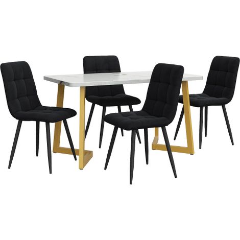 Ensemble table à manger rectangulaire et chaises (inclut 4 chaises de salle à manger) — Style moderne : chaises en velours noir aux pieds dorés.