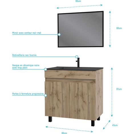 meuble salle de bain 80x80 cm - finition chene naturel + vasque noire + miroir - timber 80 - pack05 — vue 4