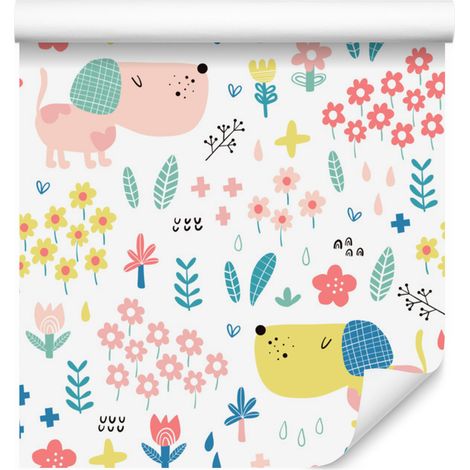 Papel pintado con coloridos perros y flores para salón y dormitorio, 50x1000 cm. (1/5)