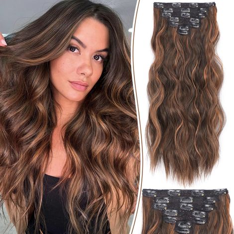 Extensions de cheveux, lot de 7 extensions à clips, 50 cm (20 pouces), châtain clair, ondulées, naturelles, douces et épaisses, pour femmes.