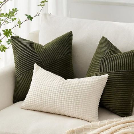 Housse de Coussin 50x50 Vert Olive en Velours Côtelé Doux avec Fermeture Eclair Vert Olive 50 x 50 cm (Lot de 2) (1/4)