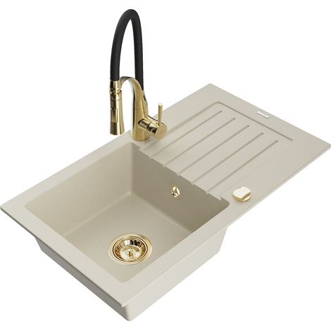 Mexen Pablo lavello in granito a 1 vasca con scolapiatti e rubinetto cucina Aster, beige - 6510-69-73450-57-G (1/5)