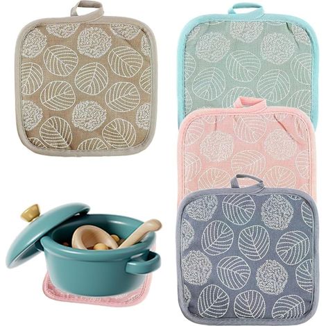 Lot de 4 maniques, maniques pour four et micro-ondes avec boucle de suspension, en coton matelassé, multi-usages, résistantes à la chaleur et aux brûlures, épaisses et sûres pour la table, les bols, l (1/5)