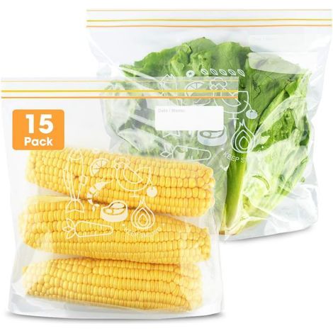 Packung mit 15 luftdichten Beuteln zur Aufbewahrung und zum Einfrieren von Lebensmitteln - Wiederverwendbare Sandwichbeutel (Größe L) (1/5)