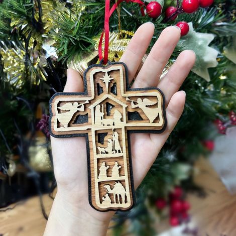 Croix - Ornament De Noël En Bois Naturel - Décoration Pour Arbre De Noël Bureau Cubicule Ou Bureau - 12 X 9,5 Cm - 1 Pièce (1/5)
