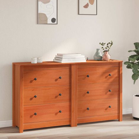 Buffet 2 pièces avec 6 tiroirs en pin massif brun ciré, 140 x 35 x 80 cm - PANGIVO (1/5)