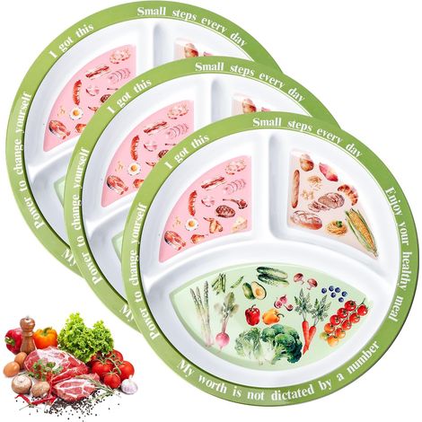 Assiette Compartiment: Lot De 3 Assiettes Divisées, Assiette Reequilibrage Alimentaire, Assiettes Controle De Portion Pour La Perte De Poids, La Nutrition Bariatrique Et Les Aliments équilibrés (1/5)