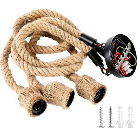 Hemp Rope Pendant Light 3 Bulbs Vintage Industrial Chandelier with E27 Socket and Textile Cable, E27 Lamp Socket with Cable, Hanging Ceiling Light for Bedroom, Without Bulb (1/5)