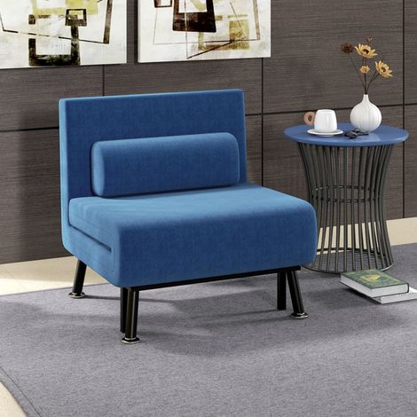 Fauteuil Lit avec Dossier Réglable en 5 Positions, en Tissu Effet Lin et Acier, 75x70x75 cm, Bleu Foncé (1/5)