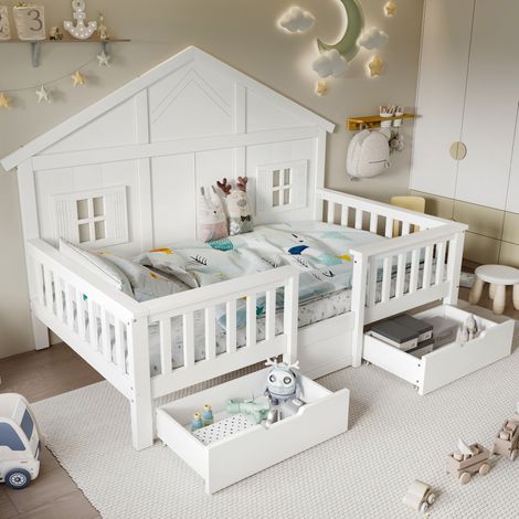 Cama infantil de madera blanca 90x200 cm con 2 cajones, diseño casita y somier de láminas (1/5)