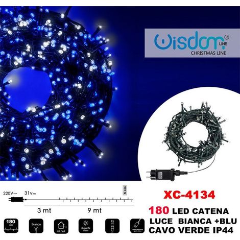 TRADE SHOP - Catena Luminosa 180 Luci Led Lucciole Luce Bianca + Blu Cavo Verde Ip44 Xc-4134 -
