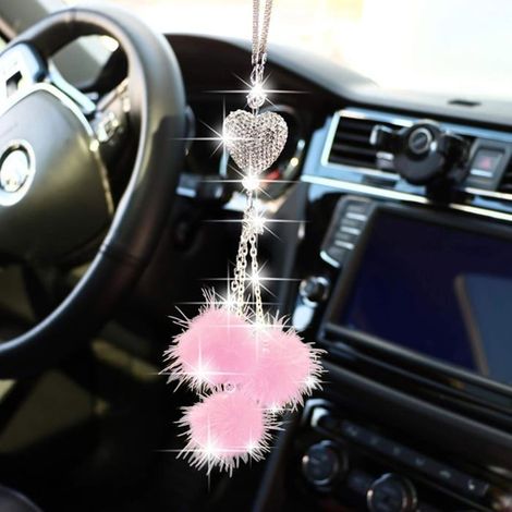 Ornement Rétroviseur Voiture en Cristal, Pendentif Coeur et Fourrure, Accessoires Bling pour Voiture - Breloque Strass (1/4)