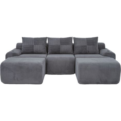 Modulares 3-Sitzer-Sofa aus Cordstoff in Dunkelgrau mit 2 Poufs (1/5)