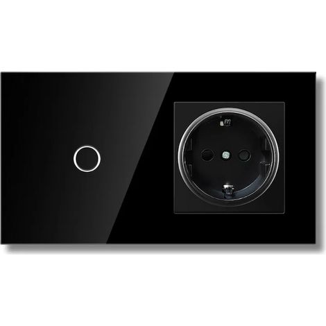Interrupteur tactile et prise, cadre en verre trempé, 1 an, LED, noir (1/5)