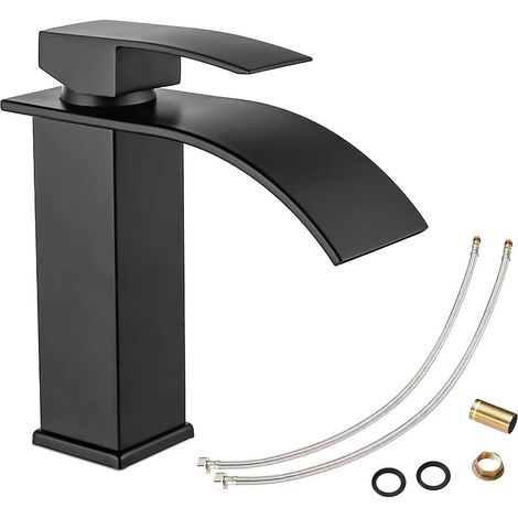 Mitigeur de lavabo RUBOQE - Robinet cascade monocommande en acier inoxydable, robinet de salle de bain, mitigeur de lavabo avec 2 flexibles (1/5)