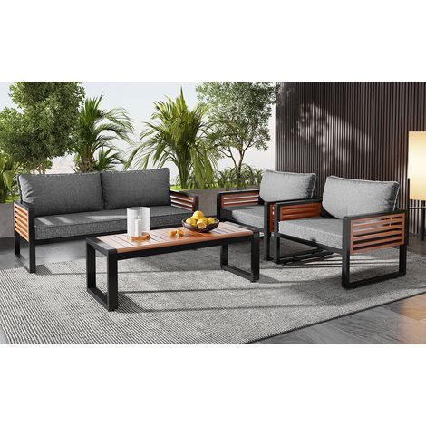 Ensemble de salon de jardin large 4 pièces gris - 1 canapé 2 places, 2 chaises individuelles, 1 table structure fer galvanisé avec accoudoirs décoratifs en bois pour jardin terrasse