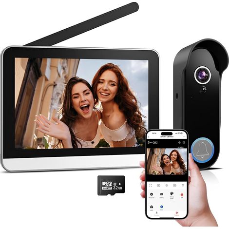 Visiophone Sonnette sans Fil avec Camera et 7" Ecran Moniteur 1080P WiFi Interphone Vidéo Connecté ave Batterie, Vision Nocturne, PIR Détection de Mouvement, Audio Bidirectionnel, APP (1/5)