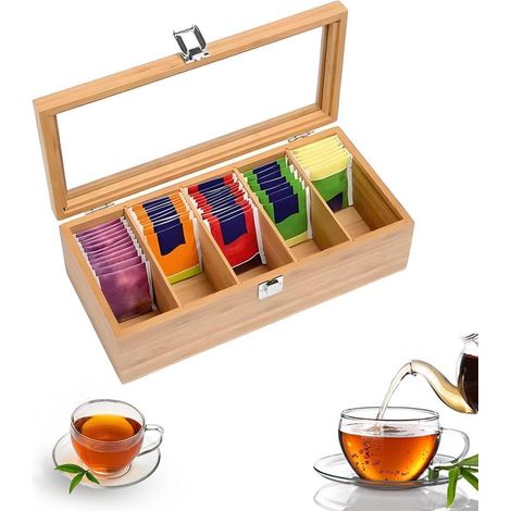 Boîte à thé en bois avec couvercle transparent à charnière, idéale pour ranger le thé à la maison, au restaurant ou au bureau (couleur bois, 30,5 x 10 x 10 cm). (1/5)